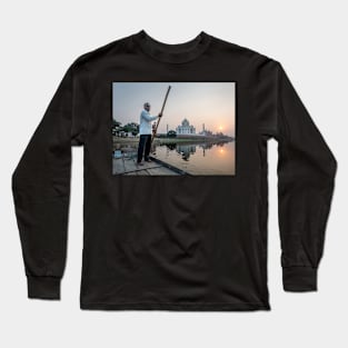 Man Punting Boat on Yamuna River with Taj Mahal Long Sleeve T-Shirt